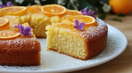 Orange citrus cake with slices and purple flowers on white plate
