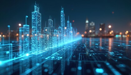 Obraz premium Hi-tech digital city illustration with circuit board lines connecting buildings, skyscrapers. Futuristic business, finance, technology, global economy. Modern cyberspace, big data, financial data