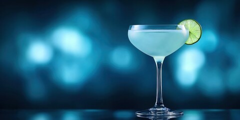 Elegant cocktail glass with lime garnish against a blurred blue background