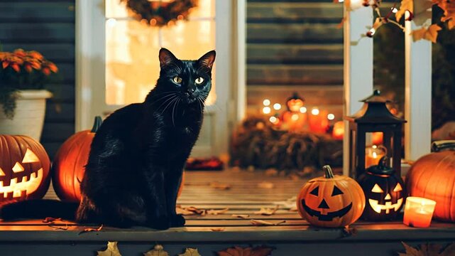 Schwarze Katze vor einer beleuchteten K&uuml;rbisdeko
