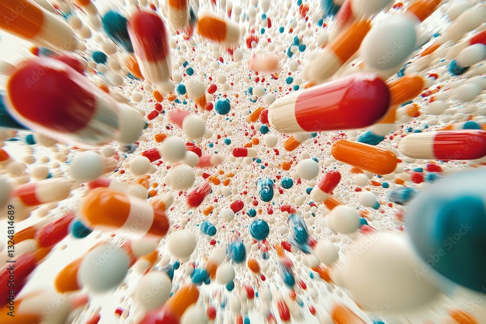Poster many colorful pills flying towards the viewer, creating a motion blur effect, suggesting a concept o