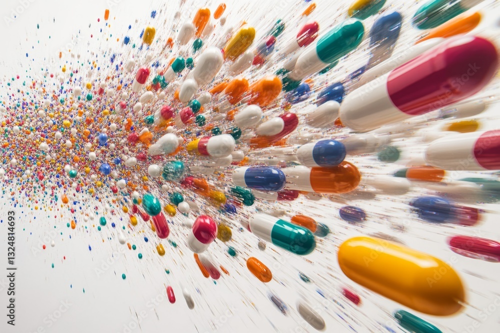 Poster multicolored medical capsules exploding across a white background, creating a dynamic and vibrant il