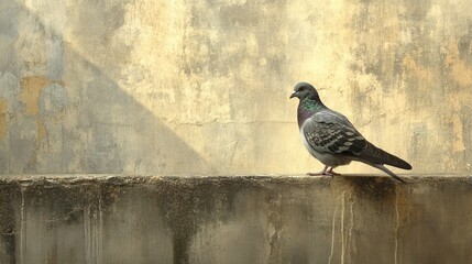 Fototapeta premium A pigeon stands poised on a concrete wall against a textured background