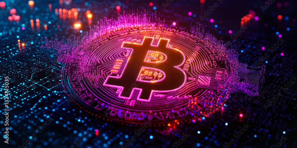 Poster futuristic bitcoin symbol in neon lights with digital particles on dark background - 3d rendering of