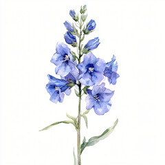 Fototapeta premium Watercolor hand-painted Larkspur branch with leaf on a white background, flat watercolor painting, simple design, AI painting design, AI