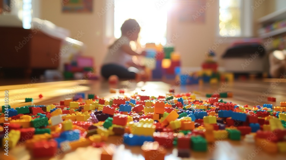 Poster a young child constructs structures with vivid blocks scattered on the floor of a warm, sunlit playr