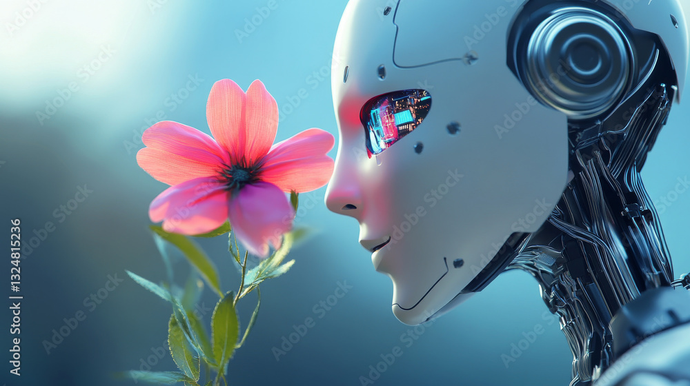 Poster ai face profile. artificial intelligence in humanoid head take in hand artifical robotic flower. sci