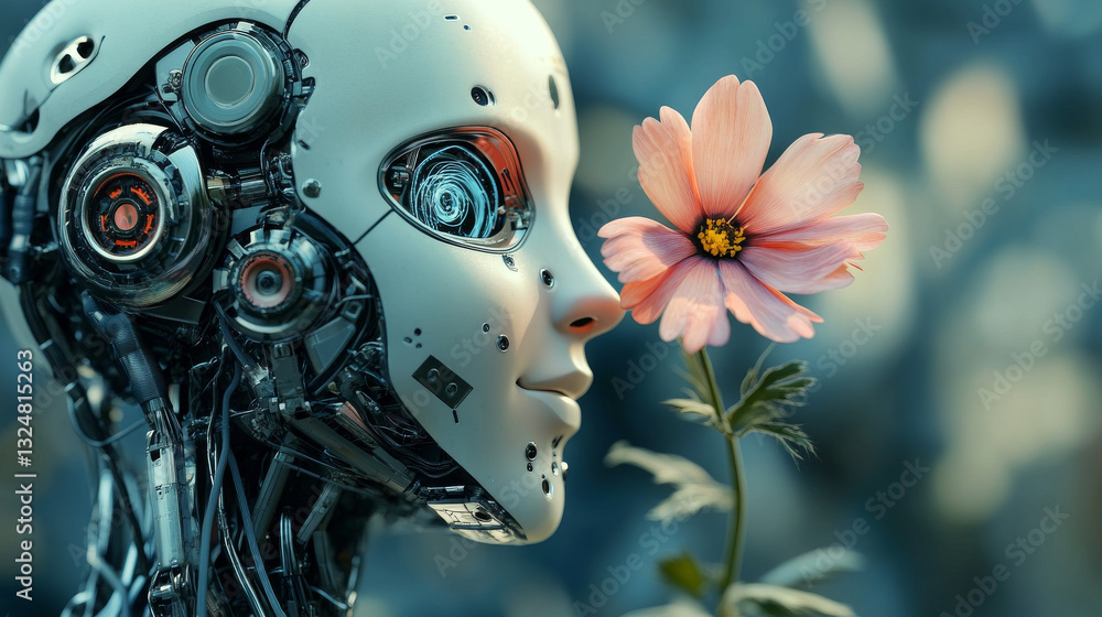 Poster ai face profile. artificial intelligence in humanoid head take in hand artifical robotic flower. sci