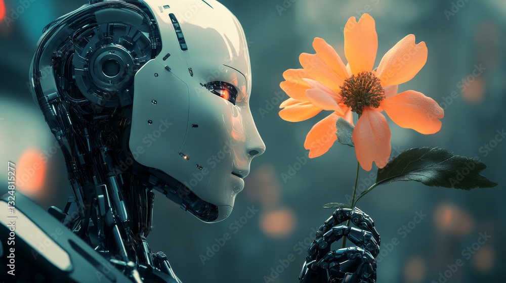 Poster ai face profile. artificial intelligence in humanoid head take in hand artifical robotic flower. sci