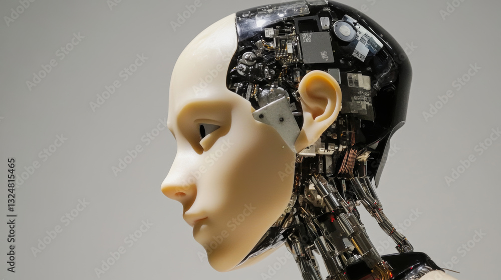 Poster artificial intelligence banner. cyber head with ai technology doodle. robotic computer intellect bra