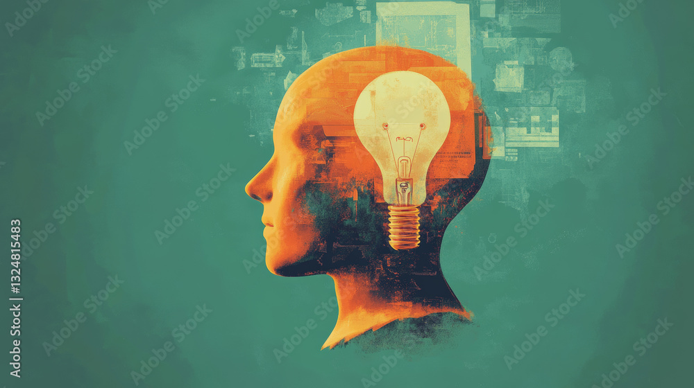 Poster artificial intelligence banner. cyber head with ai technology doodle. robotic computer intellect bra