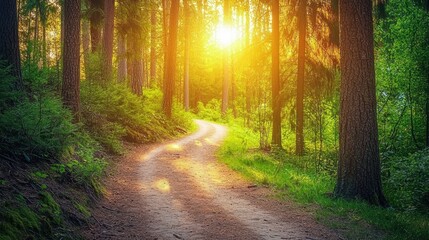 Fototapeta premium A serene dirt path meanders through a vibrant green forest as golden sunlight streams between the trees at dawn. The atmosphere is tranquil and enchanting, inviting exploration