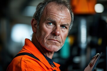 Fototapeta premium Factory worker holding a clipboard, inspecting machinery with a serious look