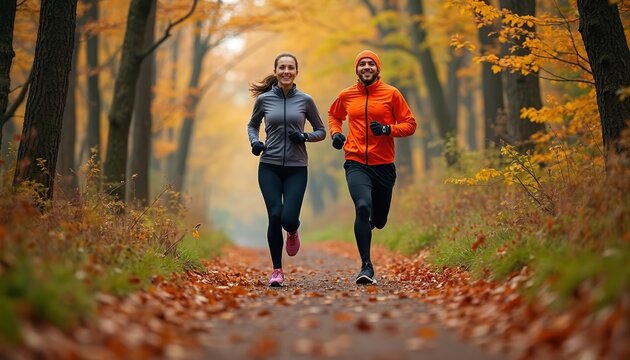 Couple runs in autumn forest. Man, woman jogging on trail. Sport, fitness lifestyle. Active runners training outdoor, enjoy nature, healthy workout. Athletic people exercise together on path with