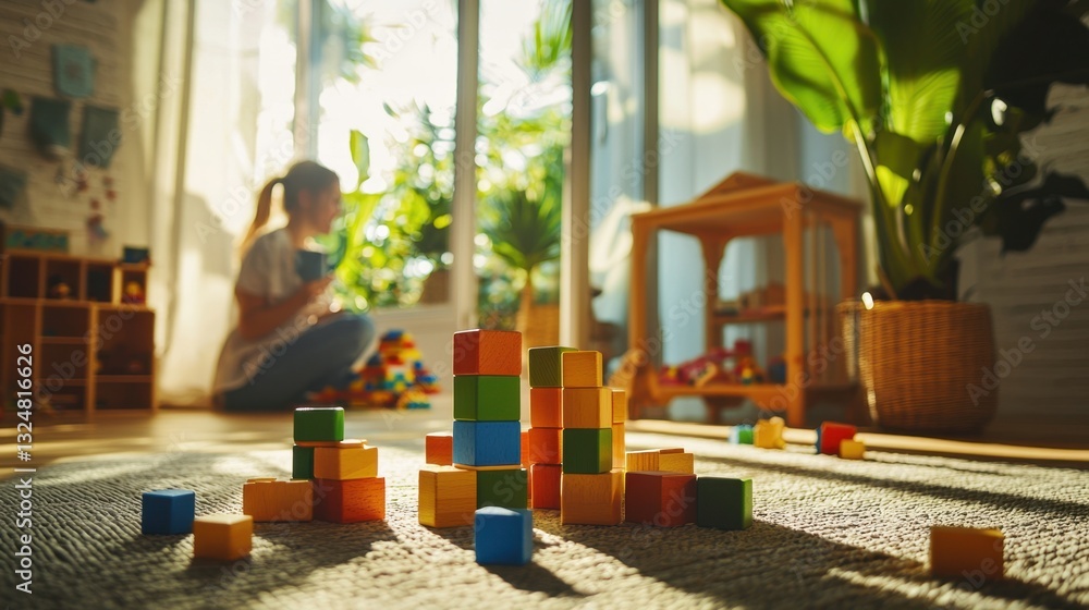 Poster a young child is engaged in building with colorful blocks on a soft rug. the room is bright with sun