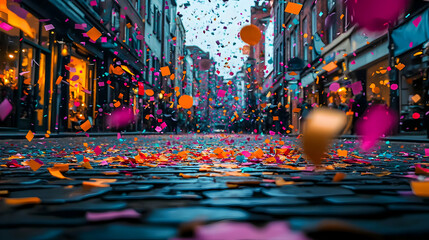 A Low Angle View of a Cobblestone Street With Colorful Confetti Falling During a Festive Celebration in a European City at Night