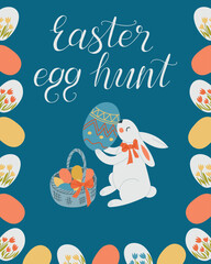 Festive Easter illustration with cute bunny with a decorated egg and a basket of colorful eggs, surrounded by floral-patterned eggs and the calligraphy text Easter egg hunt on a blue background