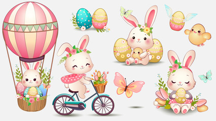 Easter clipart with cute drawings of holiday elements. Cute bunnies, flowers and much more for festive dressy decoration
