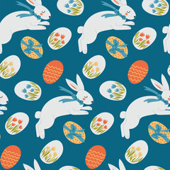Seamless Easter pattern with white rabbits with blue bows, decorated eggs with floral motifs, and a vibrant blue background, perfect for festive textiles, wrapping paper. Vector illustration