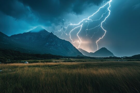 Massive lightning storm illuminates mountain range during nighttime Generative AI