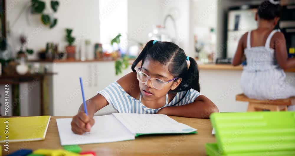 Poster homework, girl and student counting for education, assessment or test for studying, learning and gro