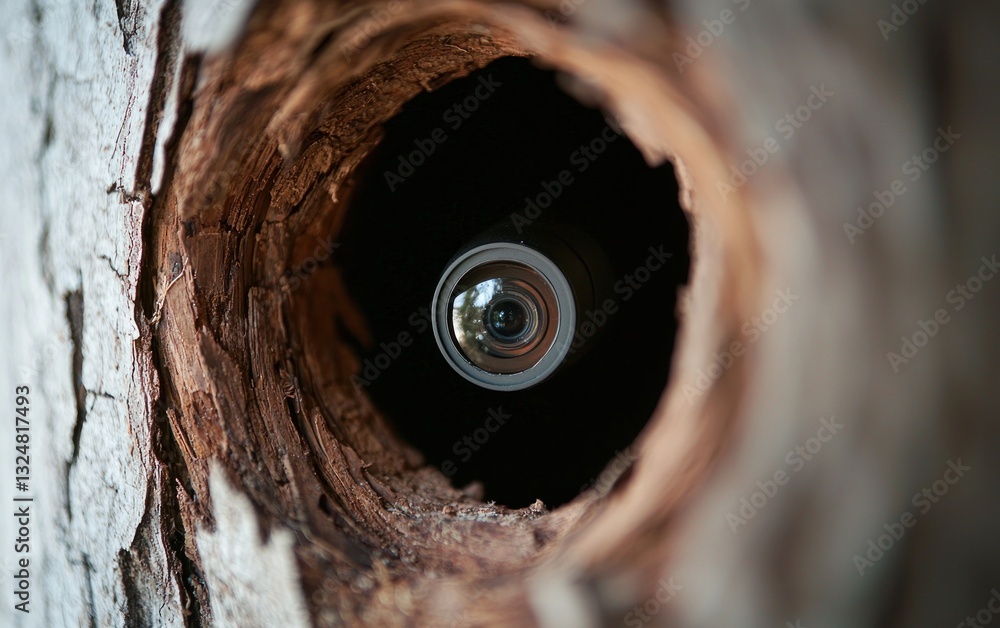 Poster camera lens hidden inside tree trunk