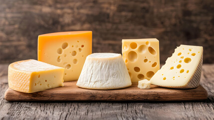 Assortment of Various Cheeses on a Wooden Board Displaying Different Shapes and Textures on a Rustic Surface