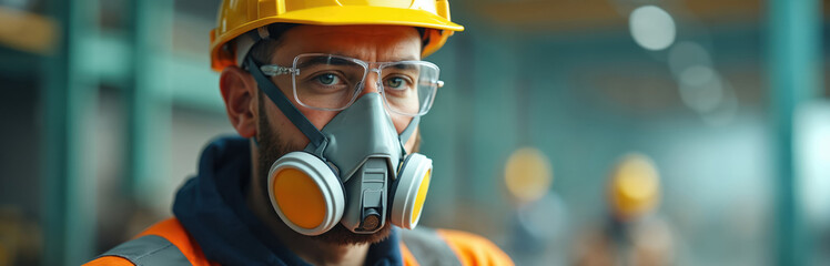Portrait of worker in hard hat, safety glasses, wearing full face respirator, emphasizing respiratory protection. Construction site background. Safety first concept, personal protective equipment for
