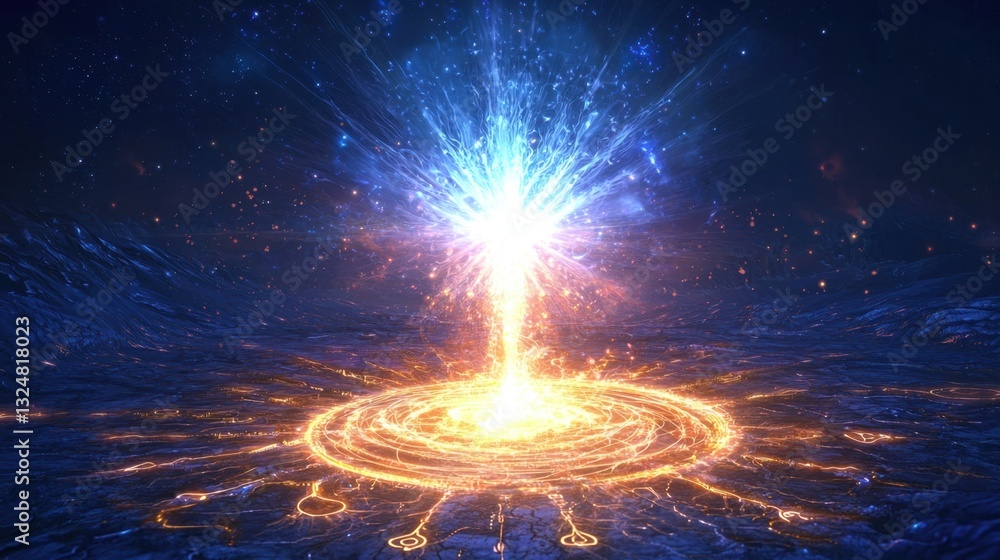 Poster a stunning burst of light radiates from a circular design in a celestial setting. the surrounding da