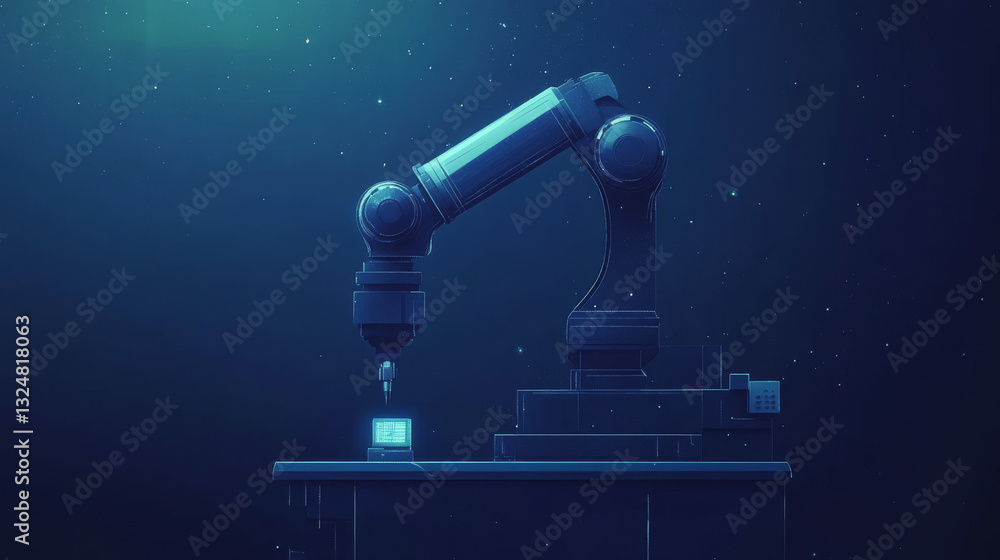 Poster robotic arm and robotic machine tool for smart technology manufacturing process in dark blue backgro