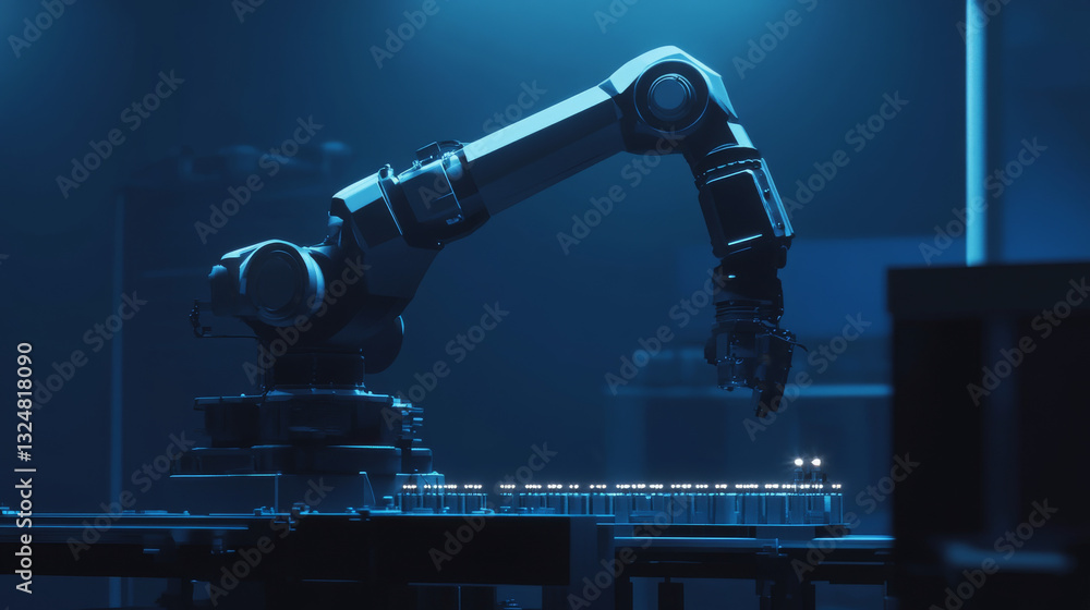 Poster robotic arm and robotic machine tool for smart technology manufacturing process in dark blue backgro