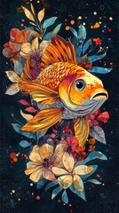 Fototapeta premium Vibrant illustration of a goldfish surrounded by colorful flowers. The artwork features a striking contrast of warm and cool tones, creating a captivating visual experience.