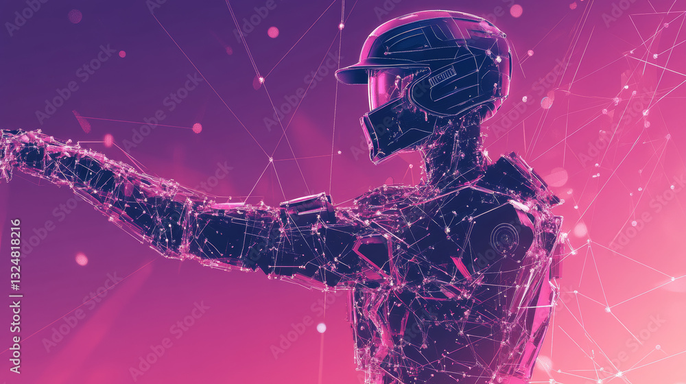 Poster abstract ballplayer with cybernetic particles. polygonal digital background. point and curve constru