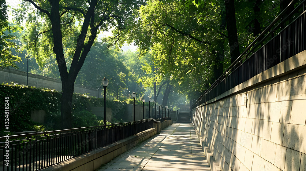 Poster sunlit pathway through green trees and stone walls in a tranquil park setting