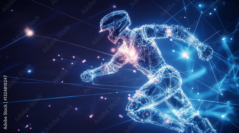 Poster abstract ballplayer with cybernetic particles. polygonal digital background. point and curve constru