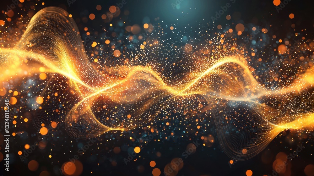 Poster vibrant swirls of golden and orange particles dance across a dark backdrop, creating a captivating a