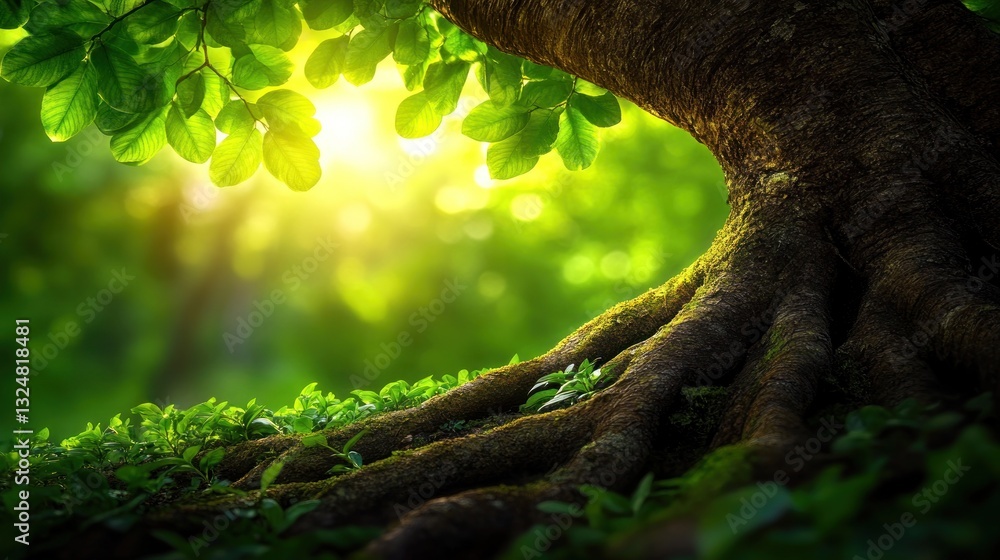 Poster sunlight filters through forest canopy, illuminating tree roots
