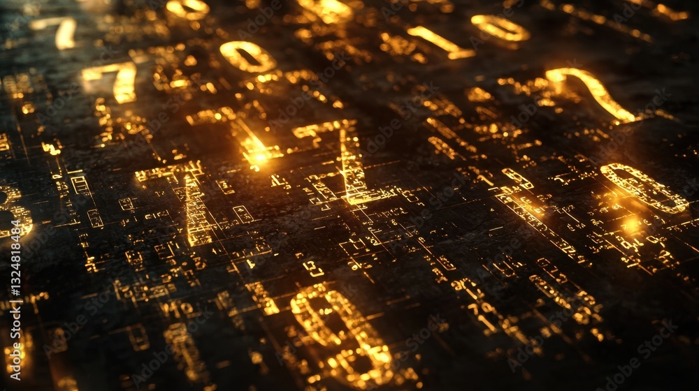 Poster a captivating display of glowing golden numbers scattered across a dark surface, creating an enchant