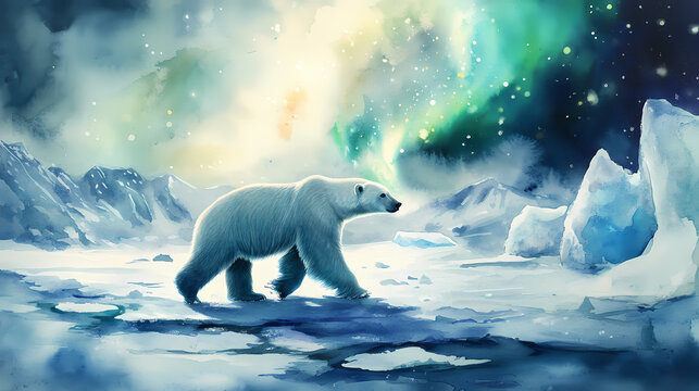 A serene watercolor of a polar bear walking on a snowy tundra with glowing auroras above. glacial - iceberg. illustration. Glacial Glow. Illustration