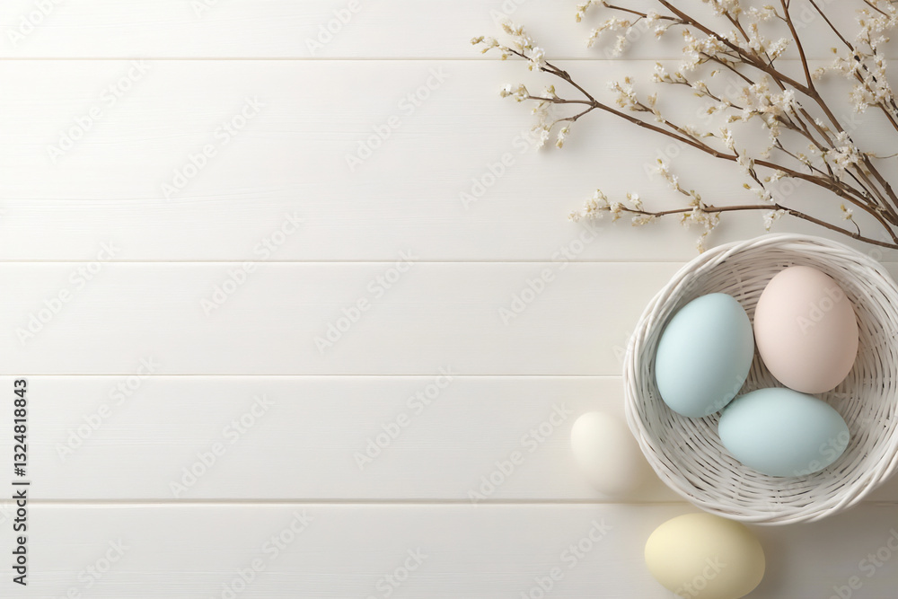 Poster easter background with colorful eggs in a basket and willow branches on a