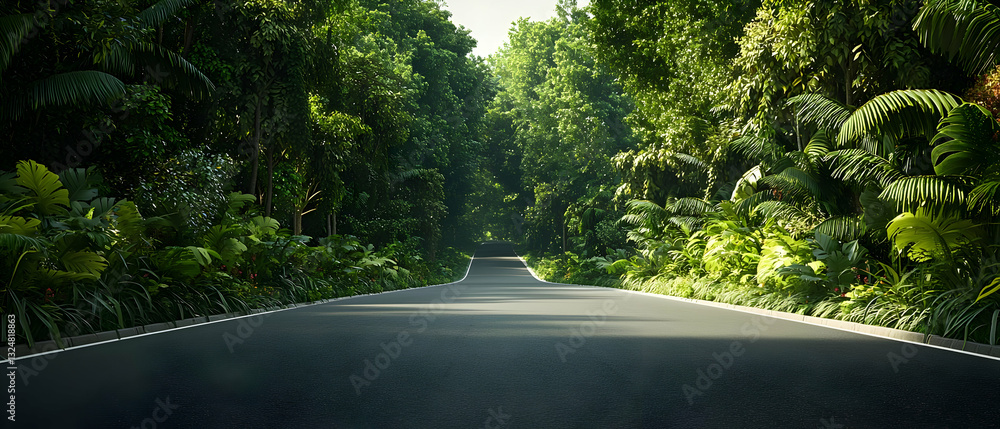 Poster empty paved road through lush green tropical forest canopy with sunlight filtering through trees on 