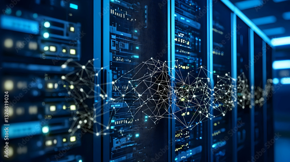 Aufkleber modern datacenter server room with blue lights and abstract network connections in a dark environmen