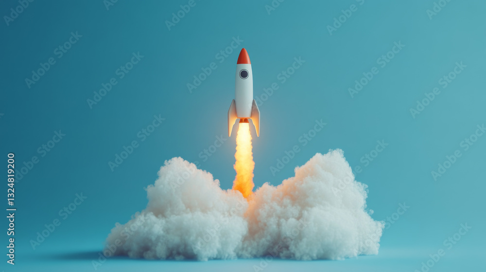Poster abstract growth graph chart with launch rocket on technology blue background. startup and success bu