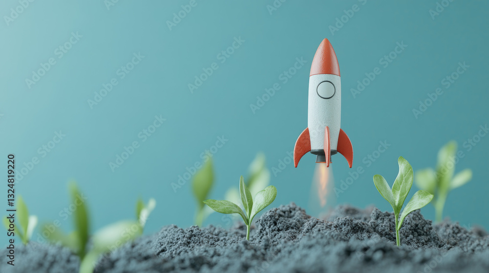 Poster abstract growth graph chart with launch rocket on technology blue background. startup and success bu