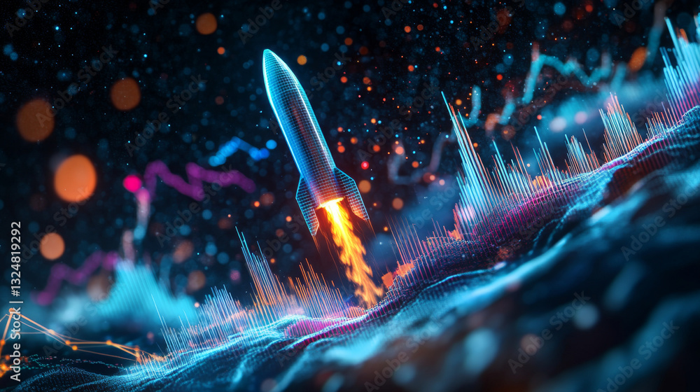 Poster digital rocket launch from the stock market candlestick in outer space. boosting of investment profi