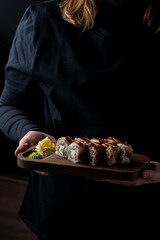 A beautifully arranged sushi platter features vibrant rolls with intricate toppings, held by a...