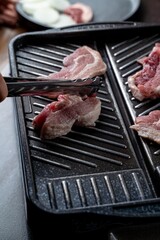 Tender slices of meat sizzle on a grill, filling the air with tempting aromas. Friends enjoy a lively evening, gathering around the grill for a delightful meal