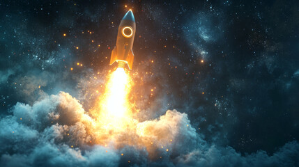 Obraz premium Digital light bulb rocket launch into space. Technology innovation or start up concept. The moment of launching a space shuttle. Starting a Successful Business. Isolated vector illustration. 