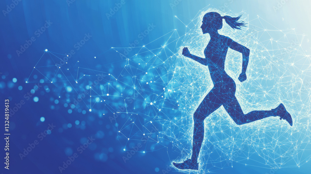 Poster digital running man in motion on technological blue background. abstract sport silhouette of athlete