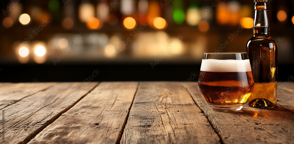 Poster empty wooden table top with a blurred background of a bar counter and bart